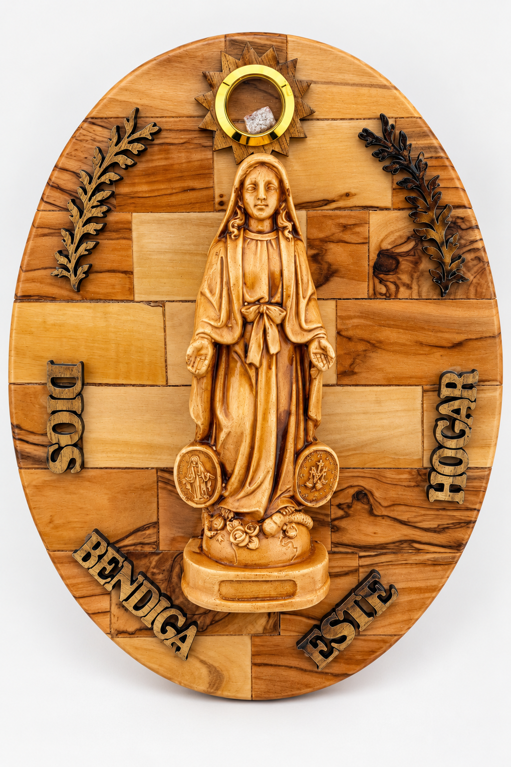 Oval olive wood Virgin Mary plaque with decorative branches and Dios Bendiga Este Hogar inscription.