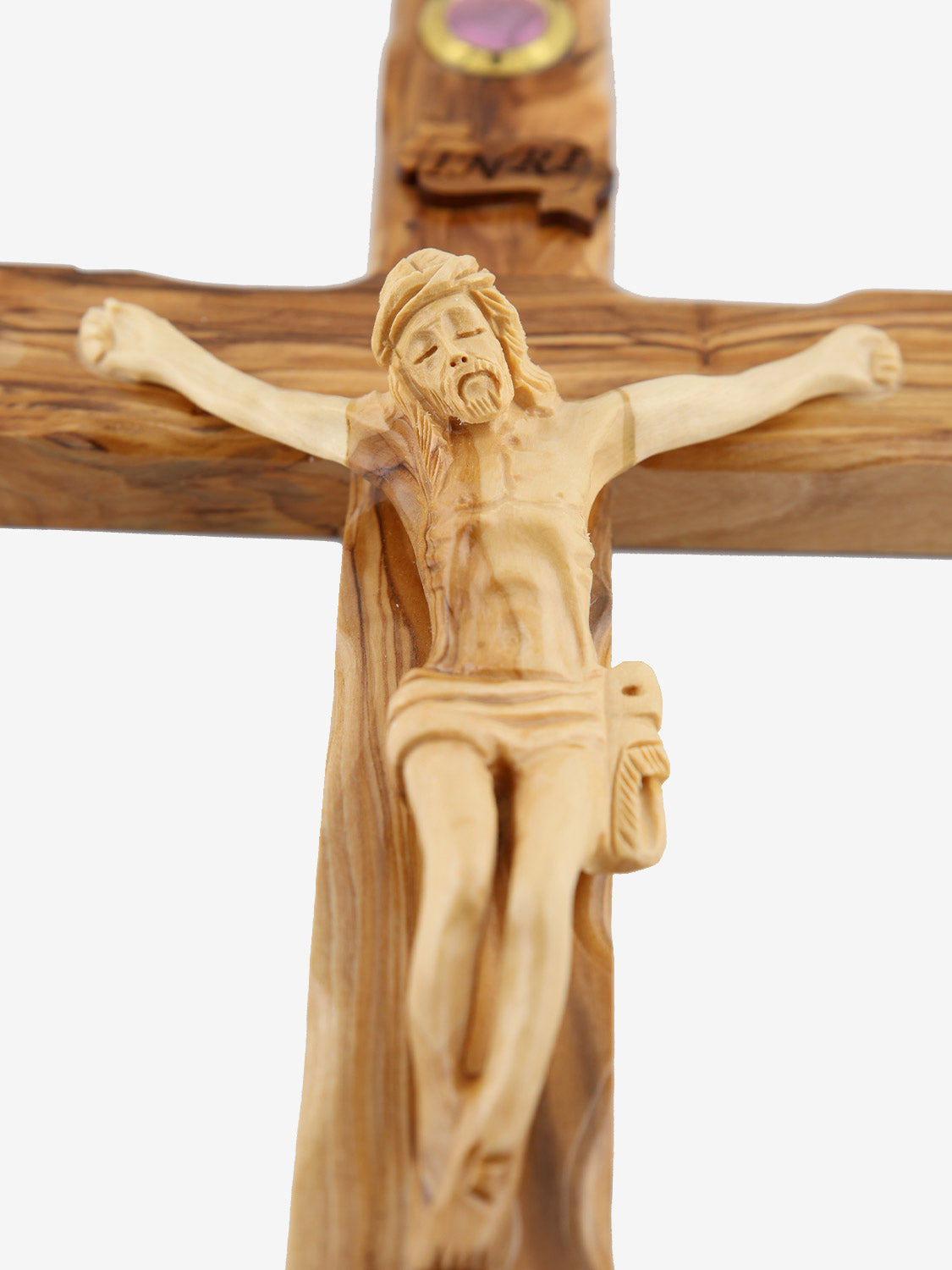 Handcrafted Olive Wood Crucifix with Relics – 13.8" x 8" – Made in Bethlehem