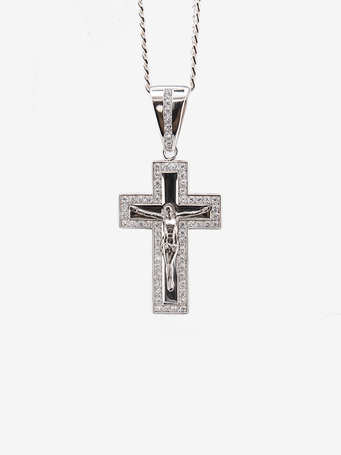 Everlasting Faith Cross Necklace - Sterling Silver Crucifix Necklace with CZ Border