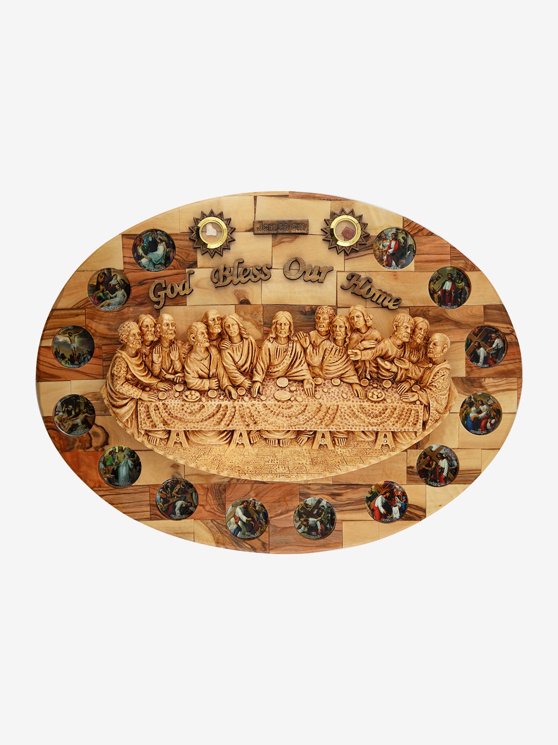 Oval Last Supper Olive Wood Wall Plaque – God Bless Our Home with Stations of the Cross & Relics