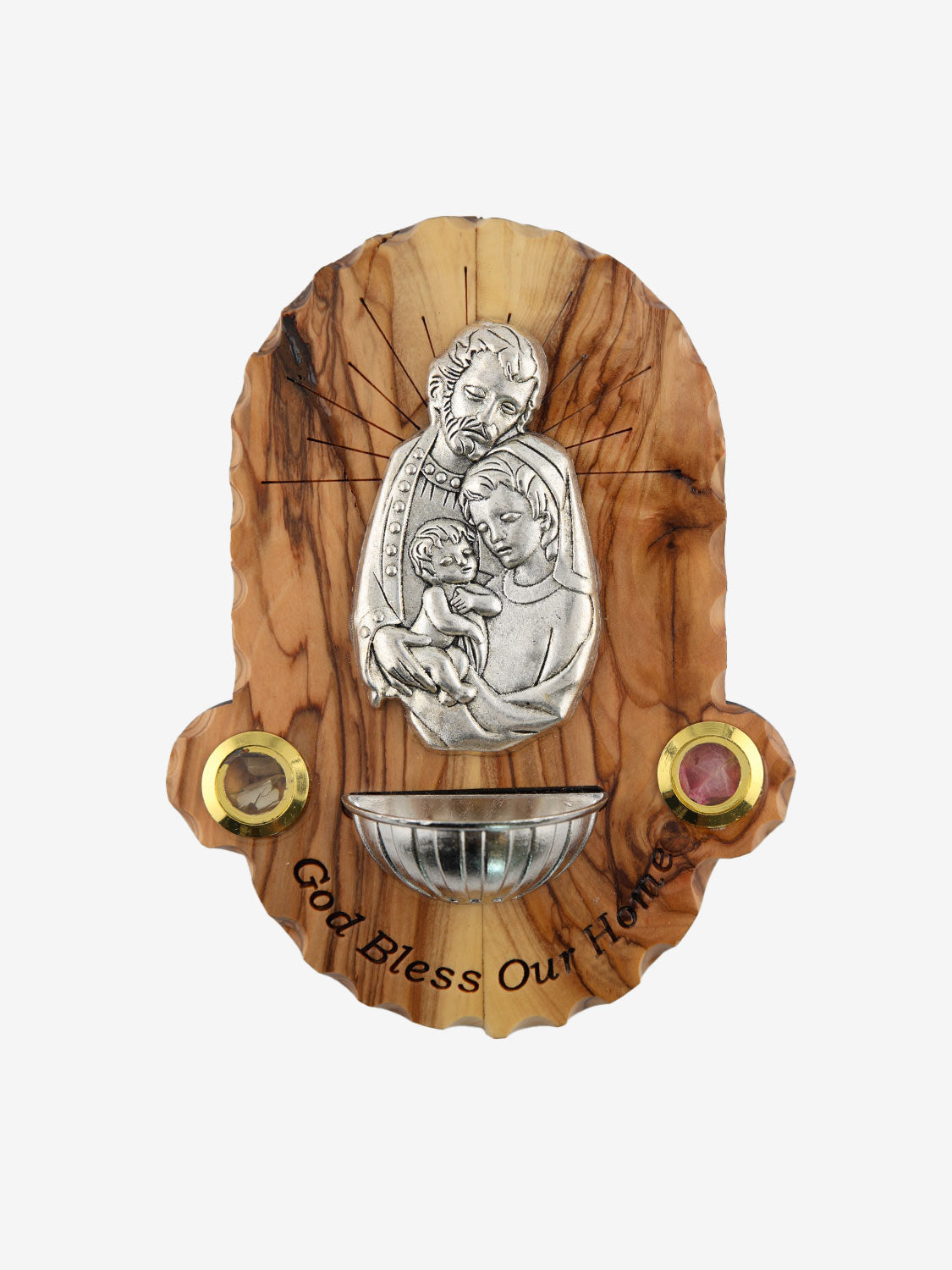 Holy Family Olive Wood Holy Water Font with Relics – “God Bless Our Home” Wall Plaque