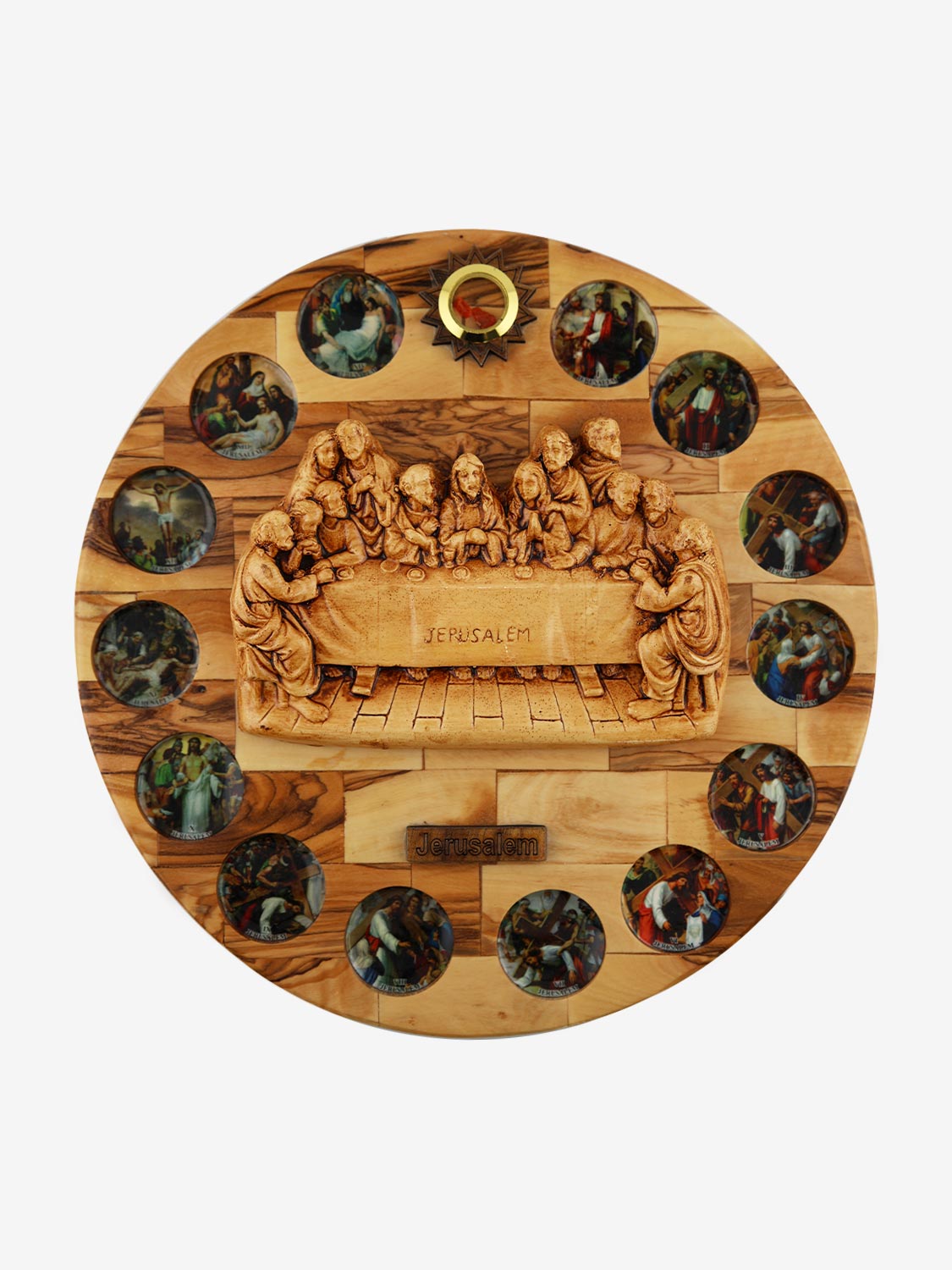 Olive Wood Last Supper Wall Plaque with Stations of the Cross & Relic – Handcrafted in Jerusalem