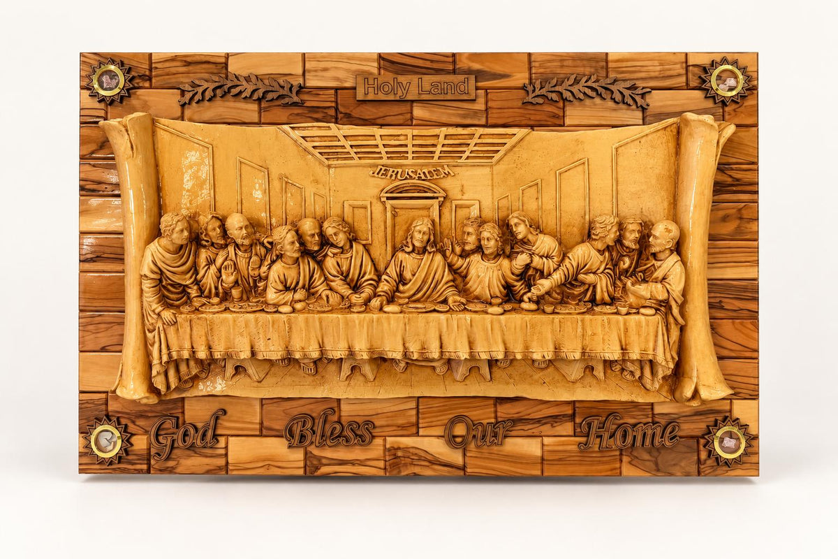 Hand-carved olive wood Last Supper wall plaque with Holy Land and God Bless Our Home inscriptions.