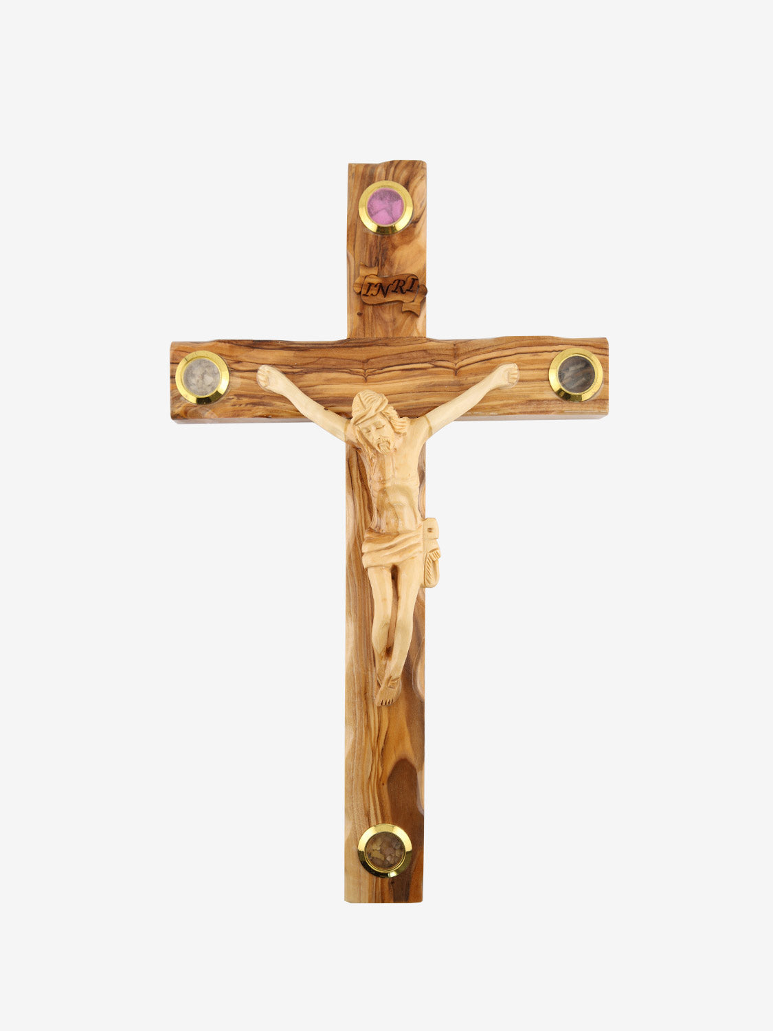 Handcrafted Olive Wood Crucifix with Relics – 13.8" x 8" – Made in Bethlehem