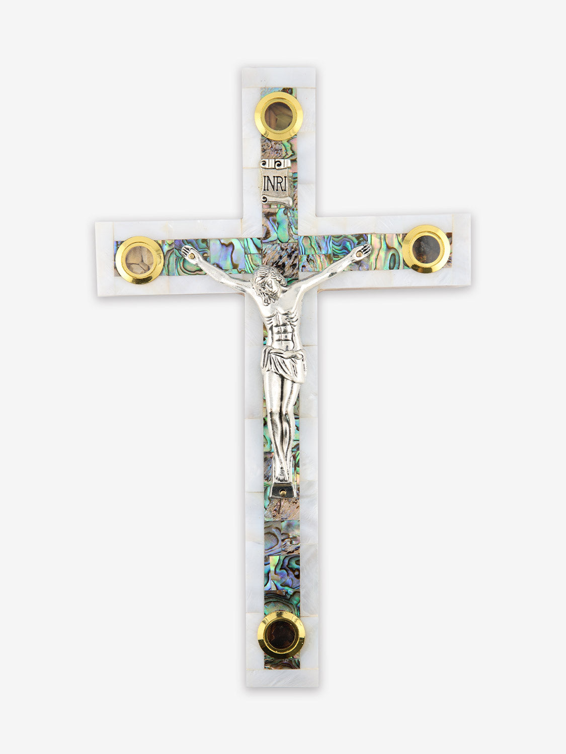 Holy Land Abalone & Mother-of-Pearl Crucifix with Relics – 10 Inch Wall Cross
