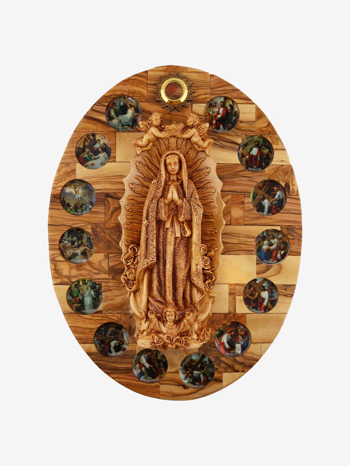 Our Lady of Guadalupe Oval Wall Plaque – Olive Wood Carving with Relic & Stations of the Cross
