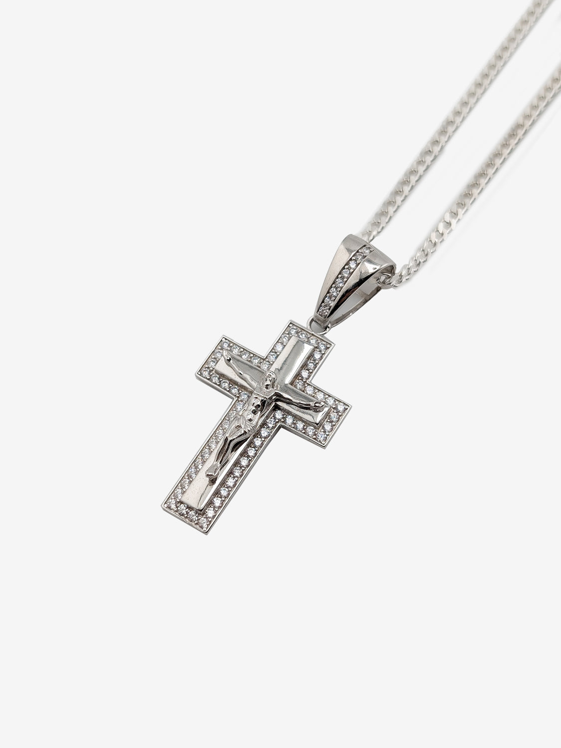 Everlasting Faith Cross Necklace - Sterling Silver Crucifix Necklace with CZ Border