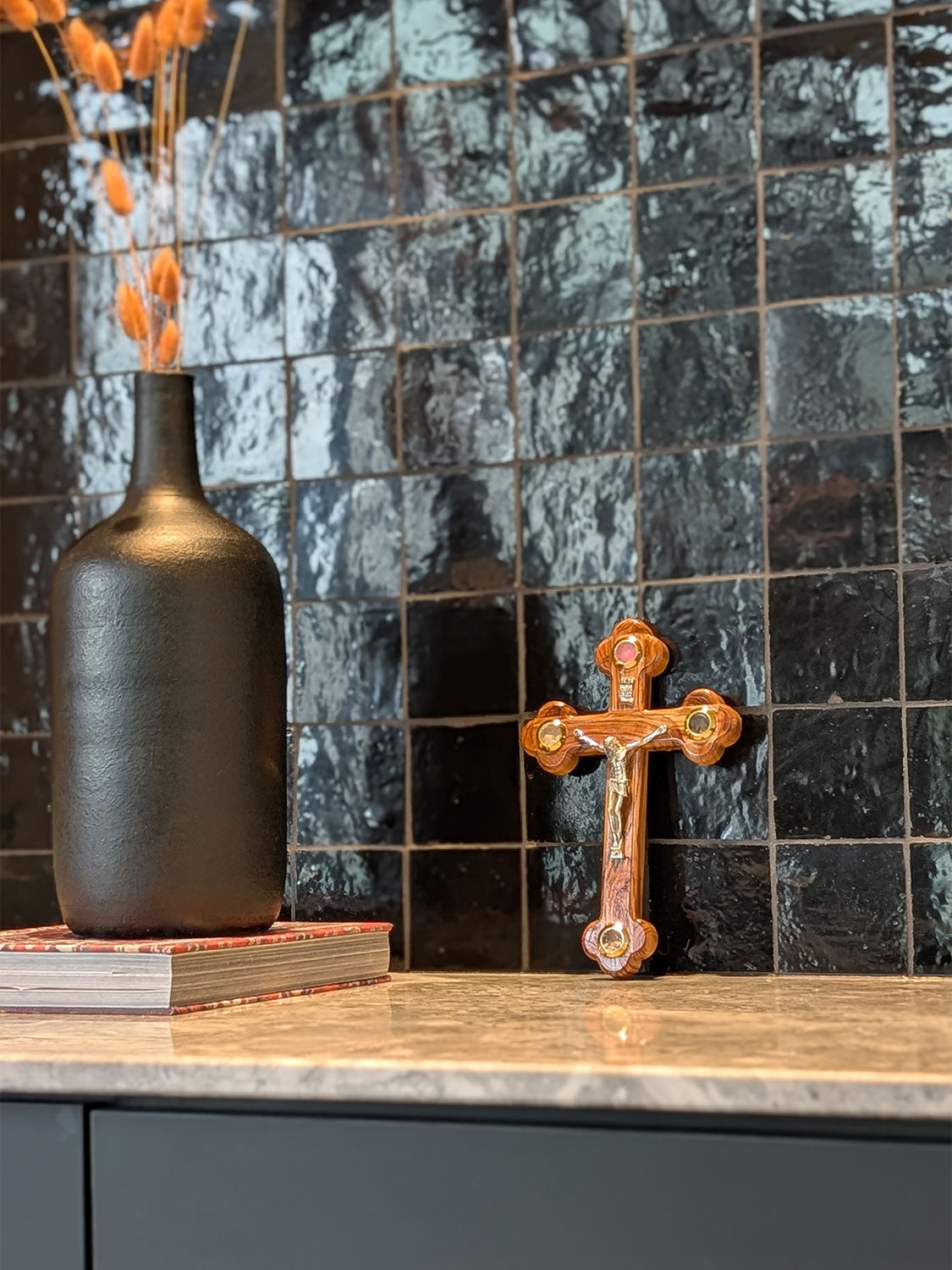 Olive Wood Wall Crucifix with Relics from the Holy Land