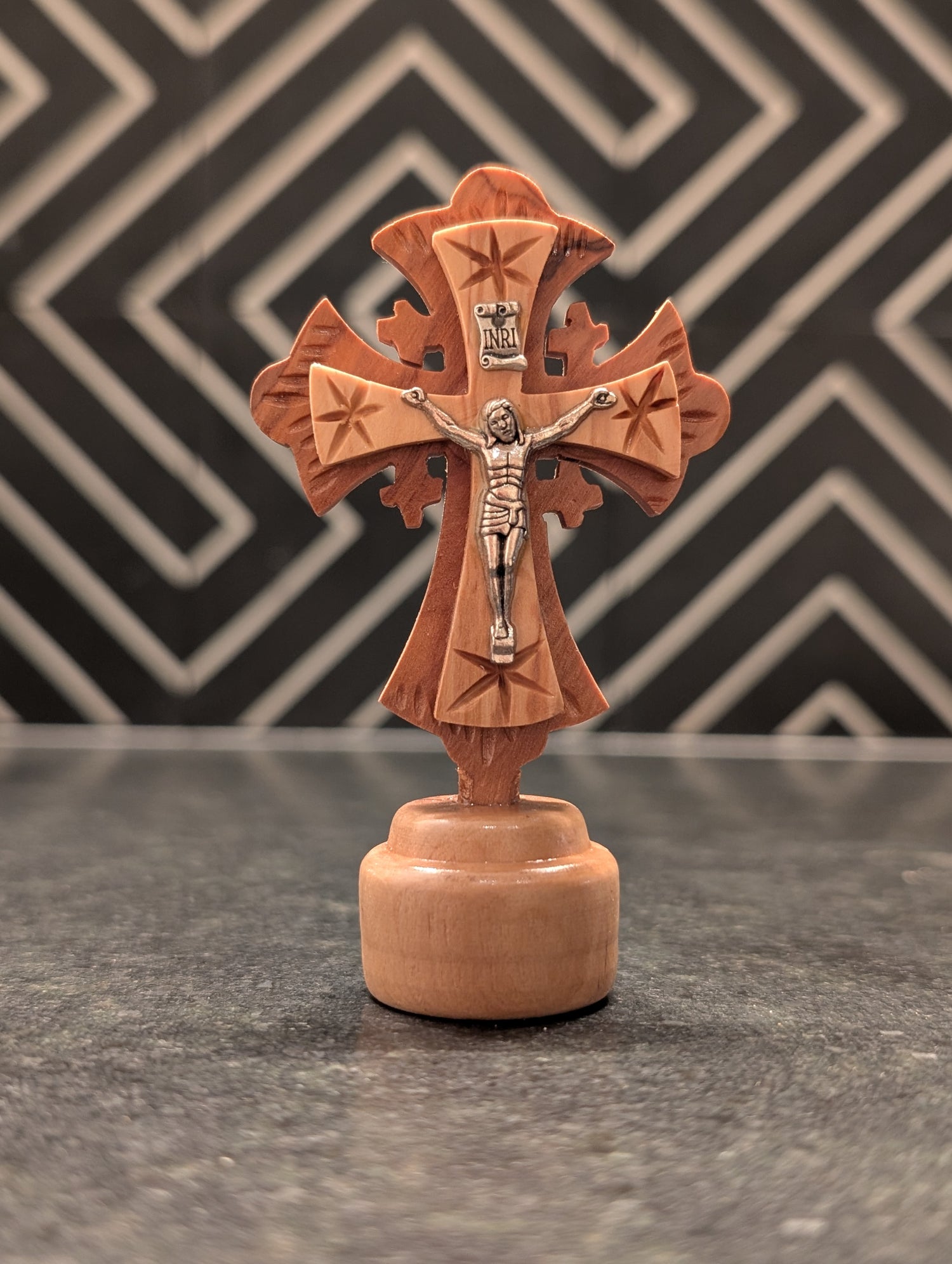 Hand-Carved Wooden Standing Crucifix with Metal Corpus