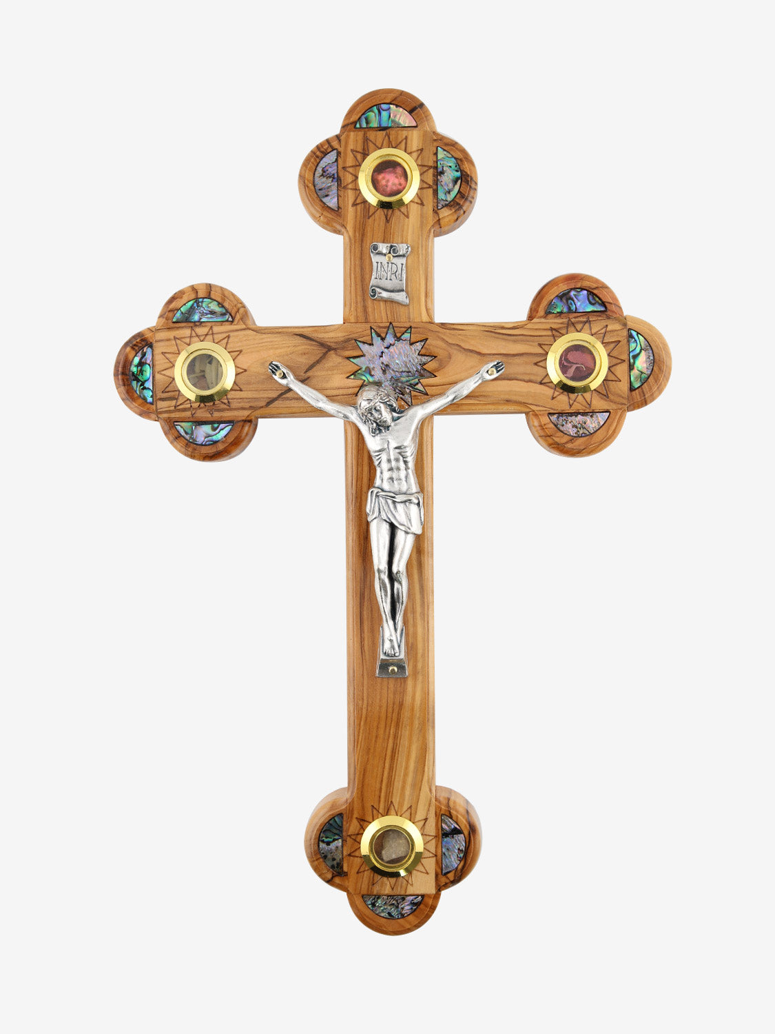 Roman Olive Wood Wall Crucifix with Sea Shell Inlays & 4 Relics – Handmade in the Holy Land