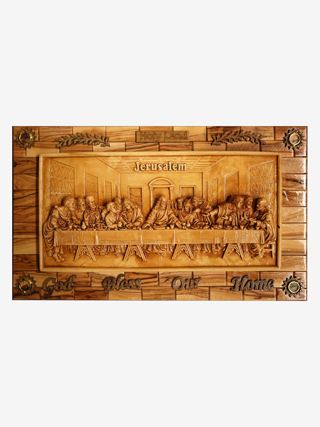 Large Olive Wood Last Supper Wall Hanging “God Bless Our Home” – Handmade in the Holy Land