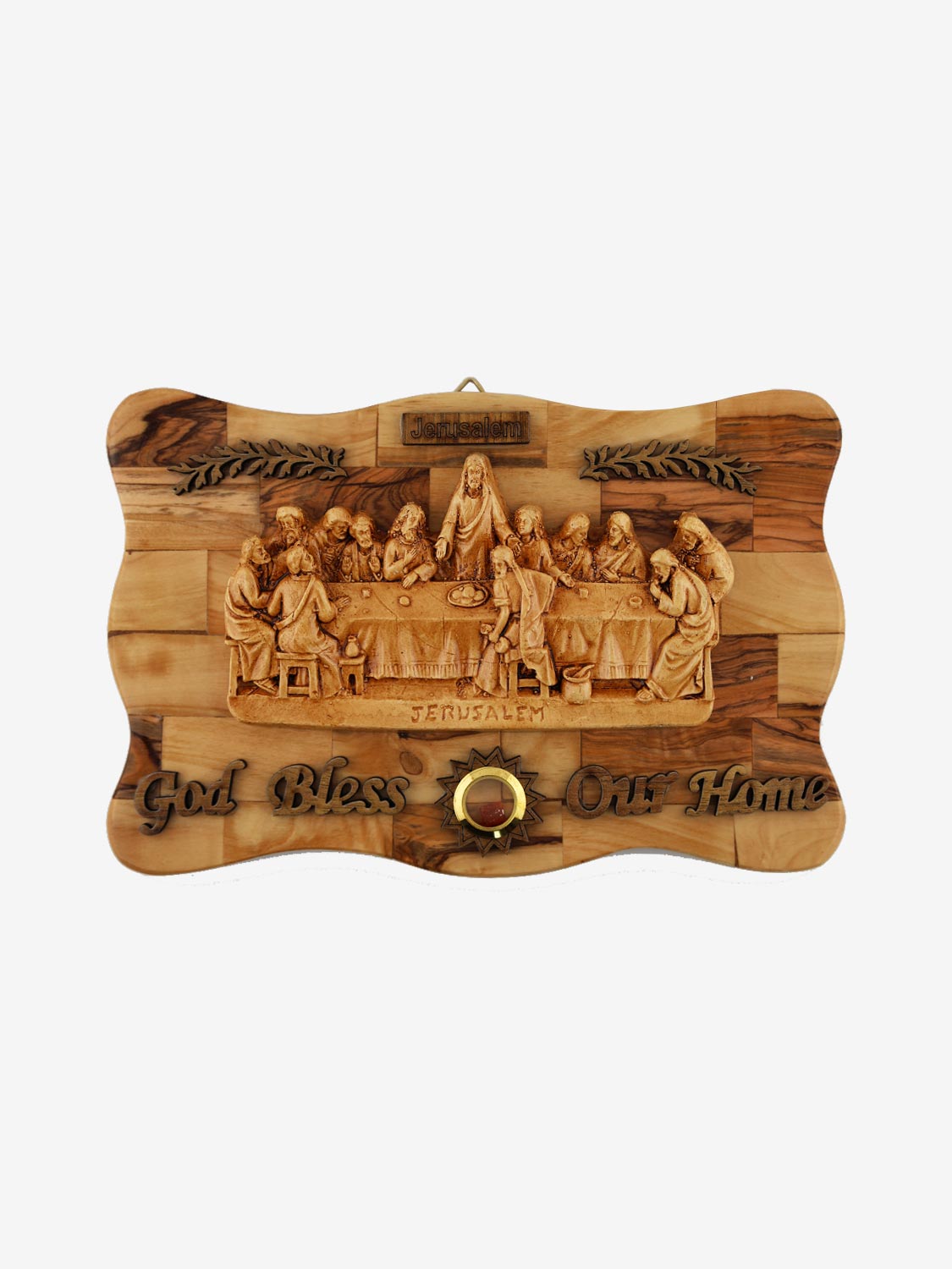 Olive Wood Last Supper Wall Plaque – “God Bless Our Home” – Handmade in Jerusalem