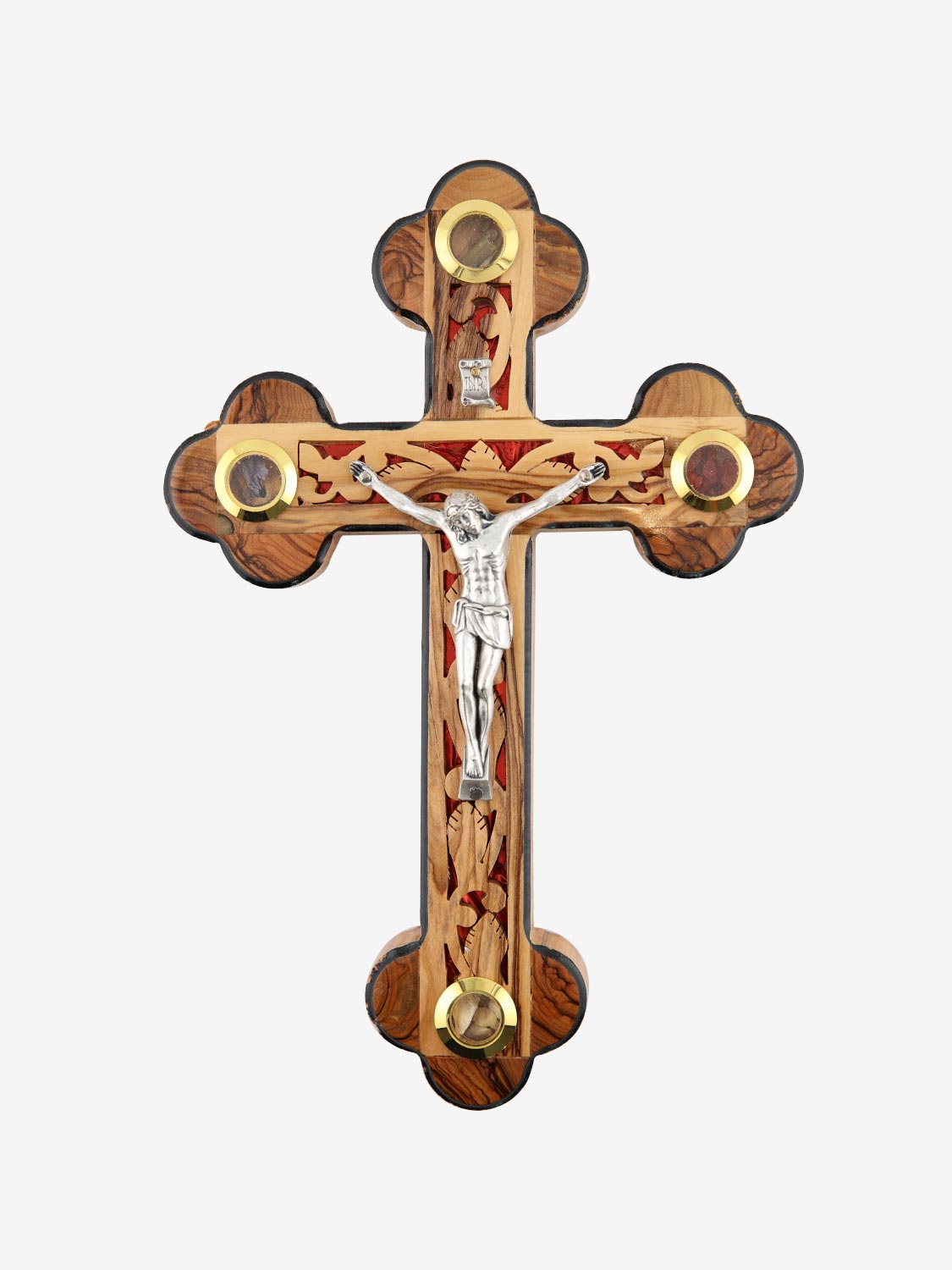 Holy Land Olive Wood Crucifix with Red Inlay & Relics – 10 Inch Wall Cross