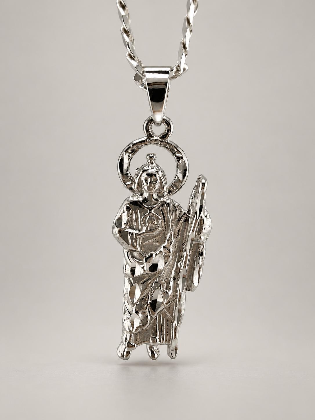 Sterling silver Saint Jude Thaddeus figure pendant with circular halo, flowing robes, and staff