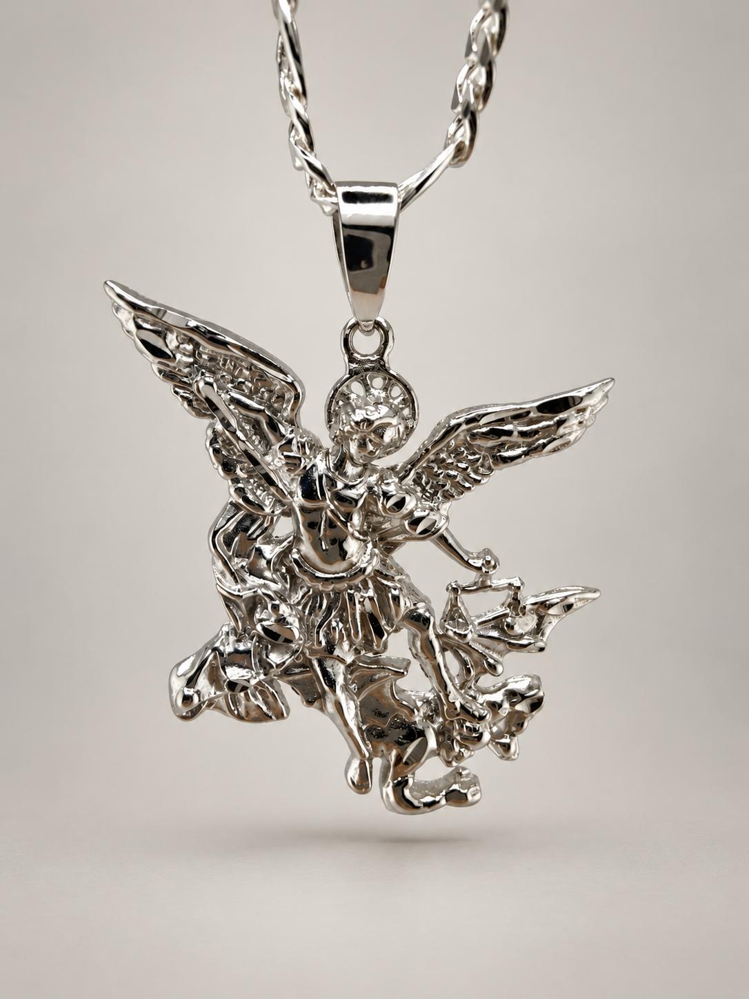 Sterling silver Saint Michael the Archangel pendant necklace with outstretched wings