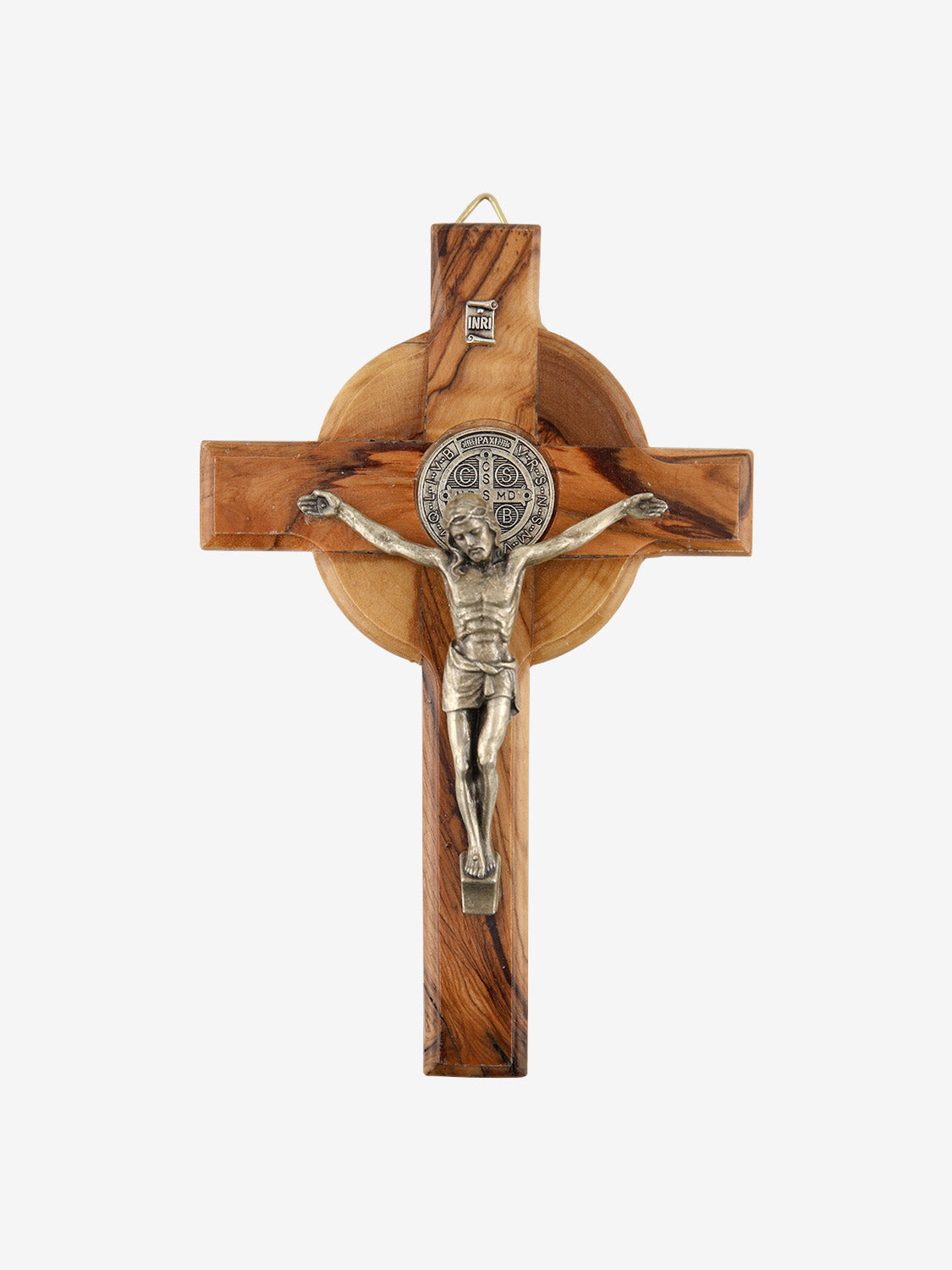 Olive Wood Wall Crucifix with St. Benedict Medal – Handmade in the Holy Land